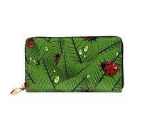 JUEXDEME Portafogli da donna in pelle verde con foglie e coccinelle, grande capacità, più slot per carte, borsa lunga con scomparto con cerniera, 19 cm x 10,5 cm
