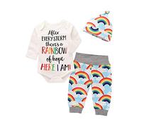 Juflam Neonato Baby Boy Girl Romper + Rainbow Pants + Hat Outfits Set(80)