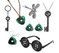 JUFYVO Coraline - Set di 7 accessori per costume Coraline, per cosplay, con bottoni, occhi, occhiali, libellula, fermaglio per capelli, per feste di compleanno e Halloween