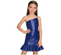 Jugaoge Abito da bambina con una spalla, slim fit, elasticizzato, con paillettes con orlo increspato, elegante, per matrimonio, per ragazza di fiori, per danza, blu reale, 146-152 cm