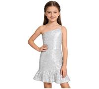 Jugaoge Abito da bambina con una spalla, slim fit, elasticizzato, con paillettes con orlo increspato, elegante, per matrimonio, per ragazza di fiori, per danza, argento, 134-140 cm