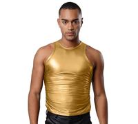 Jugaoge Canotta da uomo lucida, senza maniche, girocollo, effetto pelle, per lo sport, slim fit, elasticizzata, per clubwear, gold, L