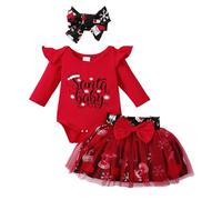 Jugaoge Costume da neonato, a maniche lunghe, con scritta Santa Baby e elastico in vita, tutù, gonna con fiocco per capelli, colore rosso, 68-80