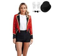 Jugaoge Giacca da donna con direttore del circo, con paillettes luccicanti frack e cappello, per feste di Natale, rosso, M