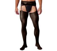 Jugaoge Ouvert Collant da uomo con cava sul cavallo, pantaloni trasparenti, eleganti Sissy, lingerie in pizzo, mutandine con calze autoreggenti, Nero , Taglia unica
