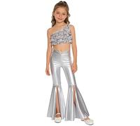 Jugaoge Set di 2 vestiti da danza con una spalla, con volant, con pantaloni lunghi e soffitti, moderni, jazz, per danza, argento, 170