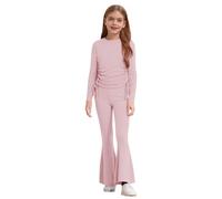 Jugaoge Set di vestiti alla moda per ragazze a maniche lunghe e pantaloni in vita elasticizzati, pantaloni casual svasati, in due pezzi, per il tempo libero, per la casa, streetwear, Colore: rosa