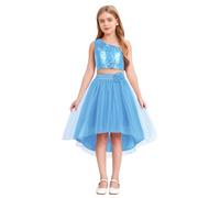 Jugaoge Set di vestiti da bambina con crop metallico e gonna in tulle a vita alta, elegante, per feste, matrimoni, feste, irregolari, due pezzi, principessa, fiori, Blu, 122-128 cm