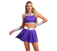 Jugaoge Supereroina da donna per cosplay, top e mini skater, pieghevole, con manicotti metallici, per Halloween, feste, colore viola, S