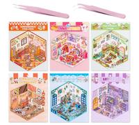 JUGUTA 6 Sets Diy 3D House Stickers, Fun Diy Stickers Scene Make Your Own Supermarket|Fioreria|Restaurant|Frutticoltura, Fun Diy Stacking Scene Stickers, Diy 3D Sticker Scene Stickers Con 2 Pinzette