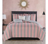 Juicy Couture Cabana - Set di biancheria da letto double-face a righe, misura XL, con stampa a righe rosa e grigie, 5 pezzi, include 1 piumino da 66 x 90 cm, 3 cuscini decorativi, 1 federa