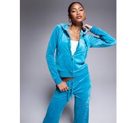 Juicy Couture - Felpa con cappuccio in velour turchese con zip e decorazione tono su tono in coordinato-Blu XL