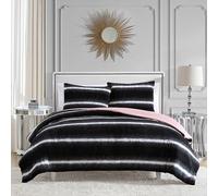 Juicy Couture - Set di biancheria da letto king size in finta pelliccia sfumata a righe, 3 pezzi, nero/bianco, piumino 259 x 228,6 cm + 2 federe da 50,8 x 91,4 cm