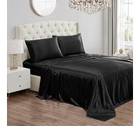 Juicy Couture - Set di lenzuola effetto raso per letto queen size, angoli profondi, 1 lenzuolo con angoli, 1 lenzuolo di sopra e 2 federe, anti-pieghe e pelucchi, nero