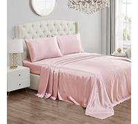 Juicy Couture - Set di lenzuola in raso | lenzuola lisce e setose | biancheria da letto queen size | set da 4 pezzi include lenzuolo con angoli, lenzuolo piatto e 2 federe | resistente alle pieghe e anti pelucchi, rosa