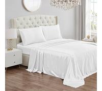 Juicy Couture Set di lenzuola in raso, per letto queen size, 4 pezzi, con 1 lenzuolo con angoli, 1 lenzuolo piano e 2 federe, in raso, resistente alle pieghe e anti pelucchi, bianco puro