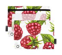 Juicy Red Raspberries - Astuccio a 3 anelli, con cerniera, per matite, matite, penne, cartelle scolastiche floreali, tasche trasparenti, 24,9 x 18 cm, confezione da 2