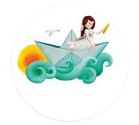 JUINSA- Confezione da 96 Adesivi a Forma Rotonda per Comunione con Il Disegno di Una Bambina su Una Barca di Carta Ragazza, Multicolore, 451117