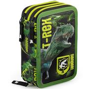 Julian Ross Astuccio 3 Scomparti, 45 Pezzi, Con Colla, Forbici, Pastelli 3.8, Pennarelli, 3 Zip, Bambino, Scuola e Regalo, Nero e Verde, Dinosauro T-Rex