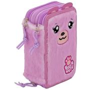 Julian Ross Astuccio 3 Scomparti Fluffy - 45 Pezzi, 2 Penne Gel Cancellabili, Colla, Forbici, Pastelli 4.0, 3 Zip, Bambina, Scuola e Regalo Orsetto Rosa