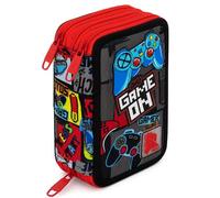 Julian Ross Astuccio Scuola 3 Scomparti Completo - 46 Accessori Bambino - Kit Cancelleria con 3 Penne Gel Cancellabili, Pennarelli, Pastelli, Colla, Evidenziatore, Gamer Squad