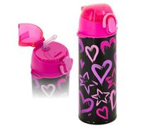 Julian Ross Borraccia Termica Bambina 500 ml con Cannuccia Cuori e Stelle - Acciaio Inox Doppia Parete Sottovuoto, Tappo a Scatto, Senza BPA, Antigoccia - Scuola e Sport - Nero
