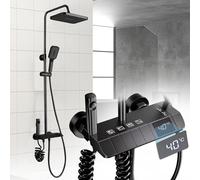 Julymoda Colonna Doccia con Miscelatore Termostatico Display Digitale Kit Doccia Idromassaggio con Soffione 29×20cm e Doccetta 3 Modalità Tasti di Pianoforte 4 Funzioni Altezza Regolabile (Nero)