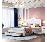 Julyue Lettino imbottito 140 x 200 cm per bambini, Letto a Corona per Principessa con LED e cassetti, letto per adolescenti con testiera regolabile in altezza e rete a listelli, Senza Materasso