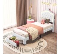 Julyue Lettino imbottito 90 x 200 cm per bambini, Letto a Corona per Principessa con LED e cassetti, letto per adolescenti con testiera regolabile in altezza e rete a listelli, Senza Materasso