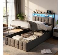 Julyue Letto 90 x 200, letto singolo imbottito con LED RGB e rete a doghe, testiera con ricarica USB di tipo C, stoccaggio idraulico telaio letto (tessuto di lino grigio, senza materasso)