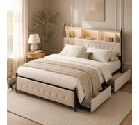 Julyue Letto imbottito, 140 x 200 cm, beige, con 4 cassetti e LED, per | Rivestimento in velluto, 3 scomparti e USB di tipo C sulla testiera mantengono gli oggetti notturni e i dispositivi a portata