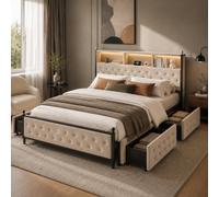 Julyue Letto imbottito, 160 x 200 cm, beige, con 4 cassetti e LED, per | Rivestimento in velluto, 3 scomparti e USB di tipo C sulla testiera mantengono gli oggetti notturni e i dispositivi a portata