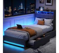 Julyue Letto imbottito 90 x 200, letto singolo con 2 cassetti, spazio di archiviazione e illuminazione a LED, testiera con vano portaoggetti e funzione di ricarica USB, letto per ragazzi con rete a