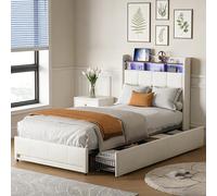 Julyue Letto imbottito 90 x 200, letto singolo con 2 cassetti, vano portaoggetti e illuminazione a LED, testiera con vano portaoggetti e funzione di ricarica USB, letto per ragazzi con rete a doghe