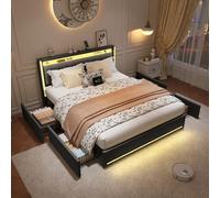 Julyue Letto imbottito con 4 cassetti, letto matrimoniale 160 x 200 cm, con illuminazione a LED e porte di ricarica USB, struttura del letto con rete a doghe e testiera, tessuto di lino grigio, senza