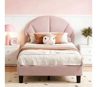Julyue Letto per bambini 90 x 200 con testiera regolabile in altezza e a forma di conchiglia, velluto letto adolescente 90 x 200 cm, letto singolo imbottito per ragazza, senza materasso. (rosa, 90×200