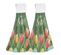 JUMBEAR Asciugamani da appendere per le mani, 2 pezzi, in microfibra di velluto di corallo, asciugamani per le mani assorbenti, super morbidi, per cucina, bagno, tulipani pasquali e uova