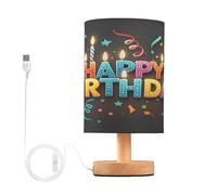 JUMBEAR Lampada da tavolo colorata con scritta "Happy Birthday", piccola lampada da comodino, con paralume in tessuto di lino, per camera dei bambini, soggiorno, scrivania da ufficio