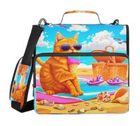 JUMBEAR Raccoglitore con cerniera a forma di gatto sul mare che indossa occhiali da sole, con tracolla, O-ring da 3,8 cm, cartella portadocumenti espandibile, tasche multiple, capacità 600 fogli