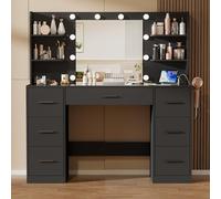 JUMMICO 108cm Toeletta da Trucco con 10 Luce LED, 3 Colori, Luminosità Regolabile,Postazione Trucco con Prese,7 Cassetti e 6 Ripiani Aperti, Tavolo da Trucco (Nero)