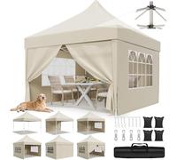 JUMMICO Gazebo 3x3 Pieghevole Impermeabile, 10cm di Altezza Interna Supplementare, Tessuto Robusto e Durevole, con Pareti Laterali, Ideale per Cortile, Balcone, Campeggio e Altro, Beige