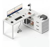 JUMMICO Scrivania angolare con 3 cassetti, scrivania reversibile a forma di L, 140 x 105 cm, con spazio aggiuntivo, scrivania da ufficio con presa di corrente, altezza divisoria regolabile, bianco