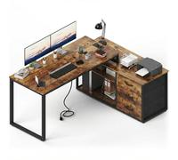 JUMMICO Scrivania angolare con 3 cassetti, scrivania reversibile a forma di L, 140 x 105 cm, con spazio aggiuntivo, scrivania da ufficio con presa di corrente, altezza divisoria regolabile, colore