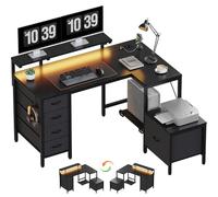 JUMMICO Scrivania angolare con mobile, scrivania reversibile a forma di L, con presa di corrente e porte USB, luci LED e ganci, scrivania da gioco ideale per casa e ufficio, 139 x 120 cm, nero
