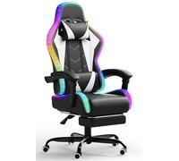 JUMMICO Sedia da gioco con LED, Cool Racing Gamer, sedia ergonomica da ufficio con funzione massaggiante, schienale regolabile 90-135°, con poggiapiedi telescopico, portata 150 kg, colore: bianco