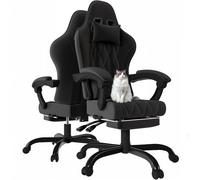 JUMMICO Sedia da gioco in tessuto con imbottitura a molla, sedia da ufficio ergonomica con massaggiatore, sedia da gioco con poggiatesta, poggiapiedi, regolabile in altezza, portata 150 kg, nero