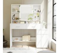 JUMMICO Tavolo da Toeletta con Luce, 3 Colori, Luminosità Regolabile, Grande Specchio, postazione trucco, 4 Cassetti e 6 Vani Aperti, 10 ganci, Bianco