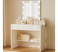 JUMMICO Tavolo da Toeletta con 9 Luce LED, 3 Colori, Luminosità Regolabile, Grande Specchio, 2 Cassetti e 3 Vani Aperti, Bianco