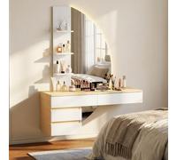 JUMMICO Toeletta da parete sospesa con illuminazione LED e specchio HD regolabile, design moderno, ampio spazio di archiviazione, salvaspazio per camera da letto (Nero) (bianco)