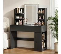 JUMMICO Toeletta da Trucco Moderna con Luci LED Regolabili - Vanity Bianco con Specchio, 2 Cassetti e Ripiani Aperti - Postazione Make-up Funzionale ed Estetica (Nero)